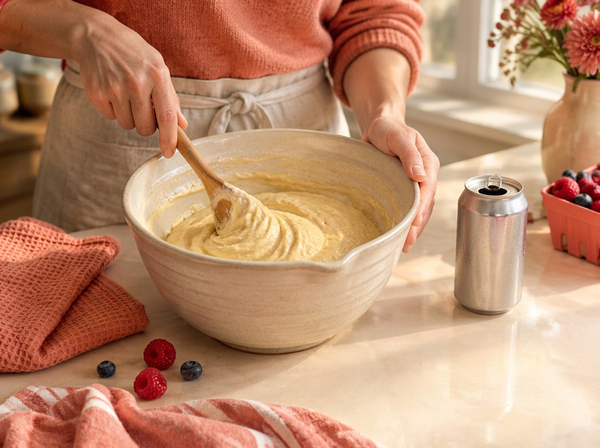 Hands stirring cake batter in a mixing bowl next to a soda can