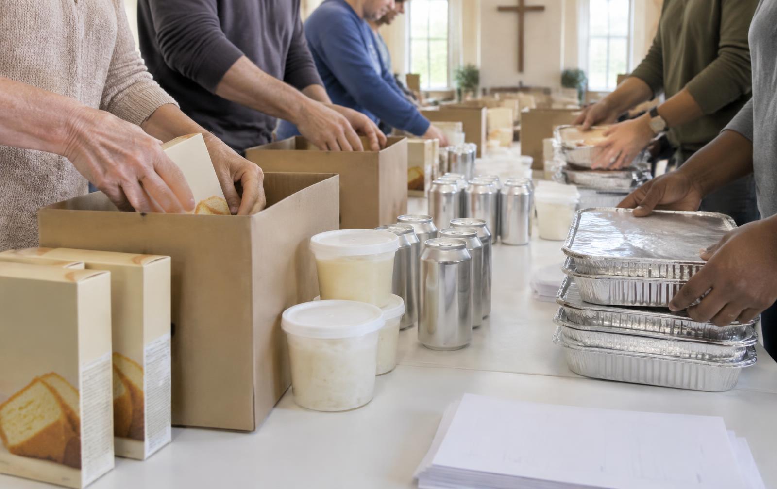 Volunteers' hands packing cake kit supplies at a long table