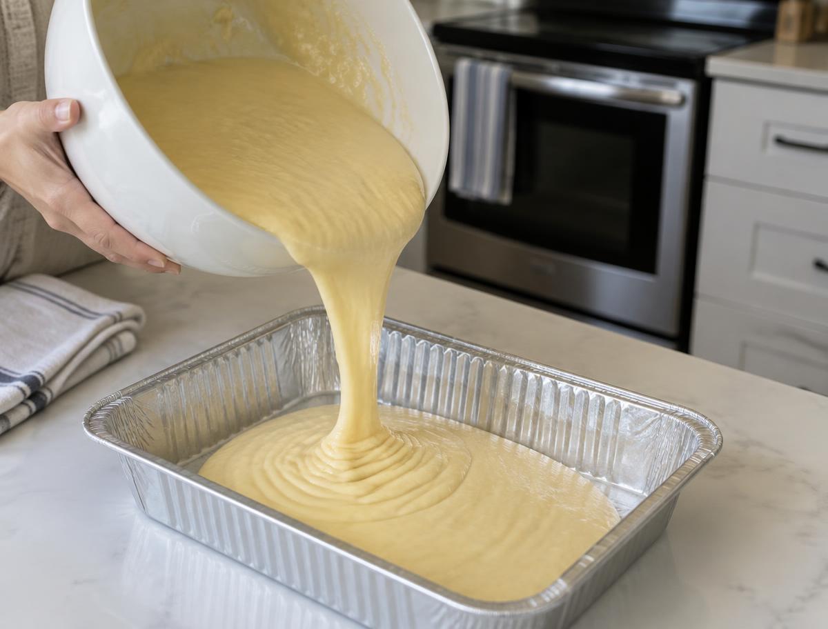 Cake batter being poured from a white bowl into an aluminum baking pan